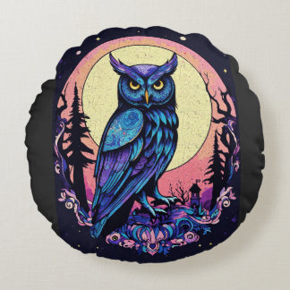 Mystic Moon Owl TShirt  Enchanting Nocturnal Style Round Pillow