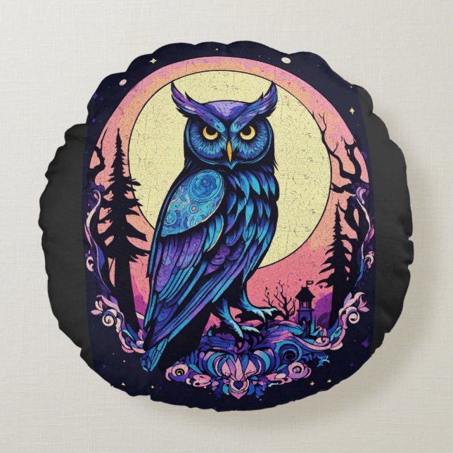 Mystic Moon Owl TShirt  Enchanting Nocturnal Style Round Pillow (Front)