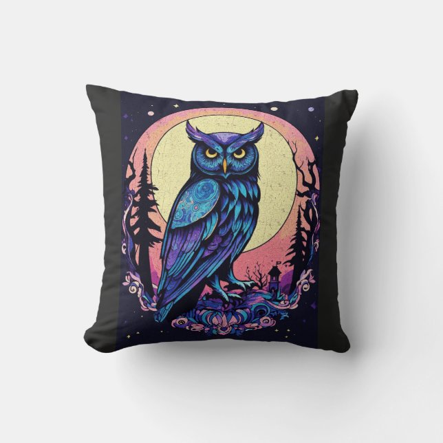 Mystic Moon Owl TShirt  Enchanting Nocturnal Style Throw Pillow (Front)
