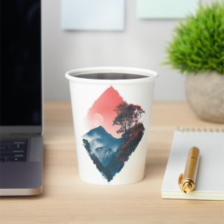 Mystic Mountain Crimson Moon Zen Art Paper Cups