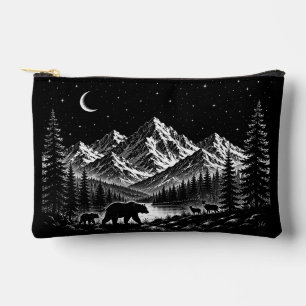 Mystic Mountain Wilderness Night Linocut Style Accessory Pouch