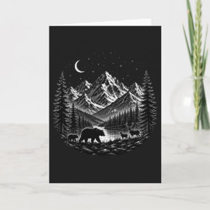 Mystic Mountain Wilderness Night Linocut Style Card