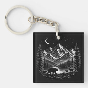 Mystic Mountain Wilderness Night Linocut Style Keychain