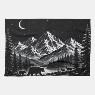 Mystic Mountain Wilderness Night Linocut Style Kitchen Towel