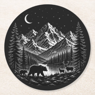 Mystic Mountain Wilderness Night Linocut Style Round Paper Coaster