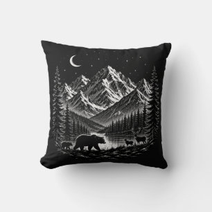 Mystic Mountain Wilderness Night Linocut Style Throw Pillow