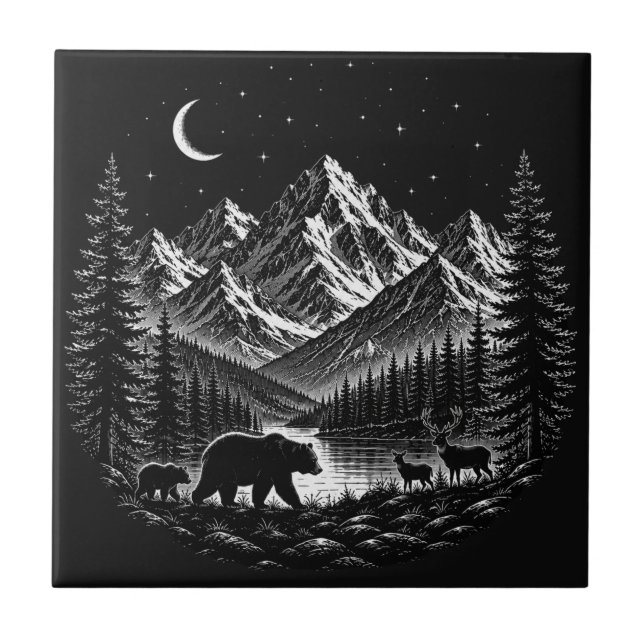 Mystic Mountain Wilderness Night Linocut Style Tile (Front)