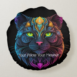 Mystic Neon Mandala Cat Psychedelic Feline Fantasy Round Pillow