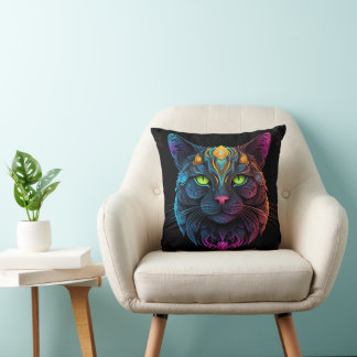 Mystic Neon Mandala Cat Psychedelic Feline Fantasy Throw Pillow