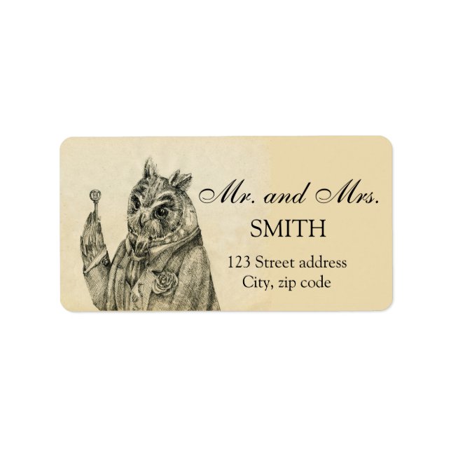 Mystic owl in a suit vintage label (Front)
