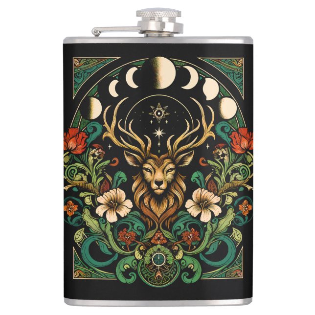 Mystic Pagan Stag and Moon Phase Hip Flask (Front)