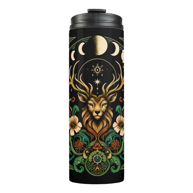 Mystic Pagan Stag and Moon Phase Thermal Tumbler (Front)