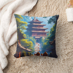 Mystic Pagoda Path at Sunrise Throw Pillow