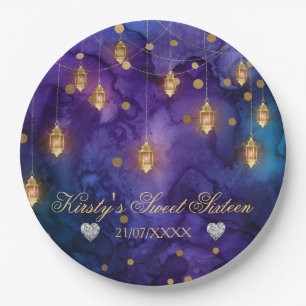 Mystic Purple Blue Lanterns & Gold Bokeh Sweet 16 Paper Plate