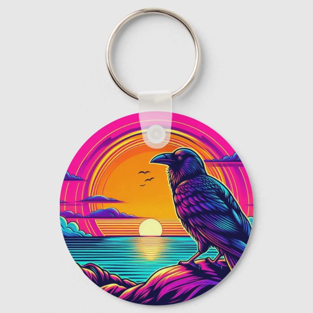 Mystic Raven at Psychedelic Sunset – Ocean View Ar Keychain (Front)