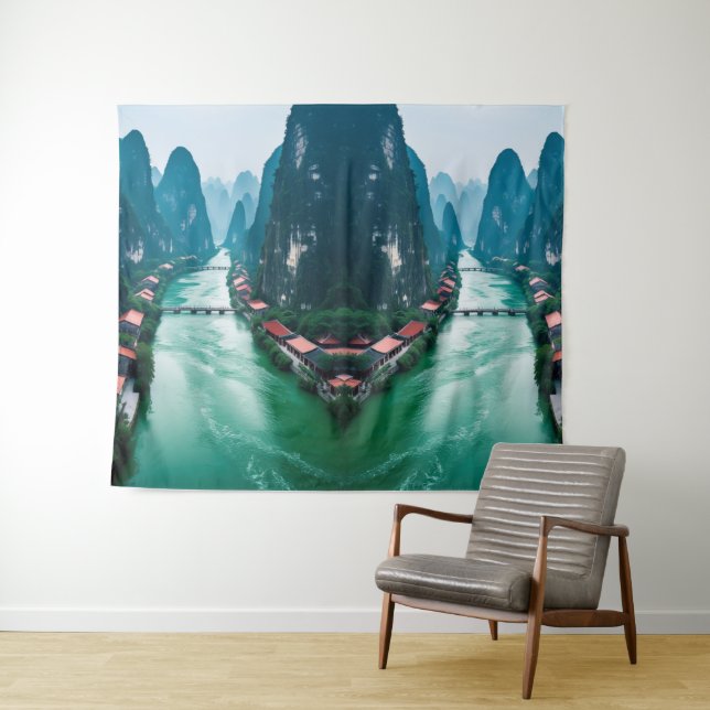 Mystic River Valley -Karst Mountain Serenity Tapestry (In Situ (Horizontal))