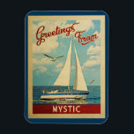 Mystic Sailboat Vintage Travel Connecticut Magnet<br><div class="desc">This Greetings From Mystic Connecticut vintage travel nautical design features a boat sailing on the water with seagulls and a blue sky filled with gorgeous puffy white clouds.</div>