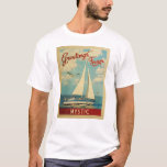 Mystic Sailboat Vintage Travel Connecticut T-Shirt<br><div class="desc">This Greetings From Mystic Connecticut vintage travel nautical design features a boat sailing on the water with seagulls and a blue sky filled with gorgeous puffy white clouds.</div>