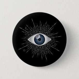 Mystic Silver & Blue Evil Eye Nazar Mati on Black 2 Inch Round Button