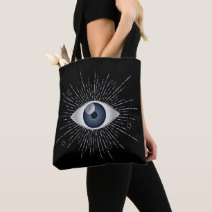 Mystic Silver & Blue Evil Eye Nazar Mati on Black Tote Bag