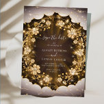 Mystic Sparkles and Golden Floral Save The Date Invitation<br><div class="desc">Elegant,  modern,  and delicate Exquisite Elegant Mystic Sparkles and Golden Floral Save The Date wedding invitation that you can customize with your info to make it furthermore special. The romantic minimalist design features lovely and elegant calligraphy on a Beautiful background with a clean and simple look.</div>