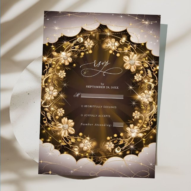 Mystic Sparkles and Golden Floral Wedding RSVP Card (Creator Uploaded)