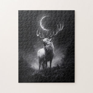 Mystic Stag Under Crescent Moon Jigsaw Puzzle