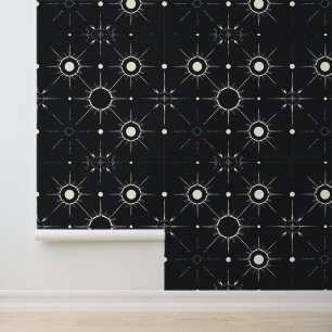 Mystic Starburst Pattern in Black and White Wallpaper