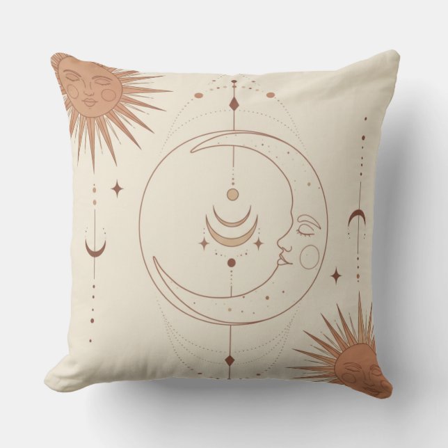 Mystic Sun and Moon Celestial Boho Throw Pillow (Front)