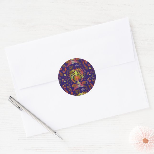 "Mystic Tree of Life – Folk Art Pattern" Classic Round Sticker (Envelope)