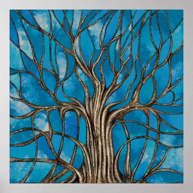 Mystic Tree of Life Mosaic Blue Watercolor Poster (Front)
