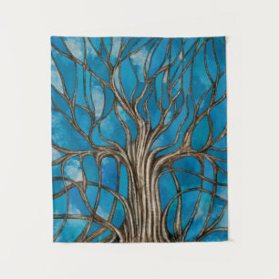 Mystic Tree of Life Mosaic Blue Watercolor Tapestry
