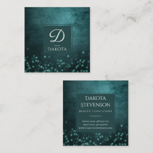 Mystic Twilight Stars   Deep Teal Green Monogram Square Business Card