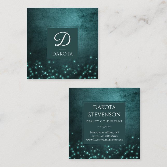 Mystic Twilight Stars | Deep Teal Green Monogram Square Business Card (Front/Back)