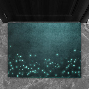Mystic Twilight Stars   Deep Teal Green Neon Glow Doormat