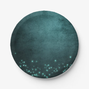 Mystic Twilight Stars   Deep Teal Green Neon Glow Paper Plate