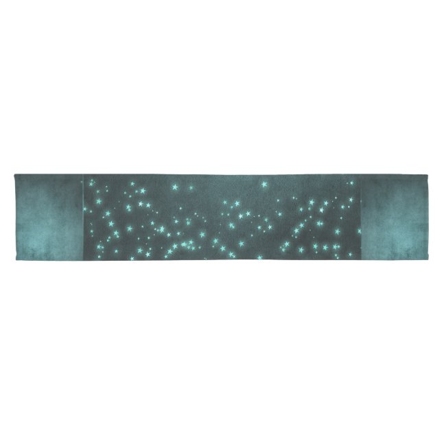 Mystic Twilight Stars | Deep Teal Green Neon Glow Short Table Runner (Horizontal)