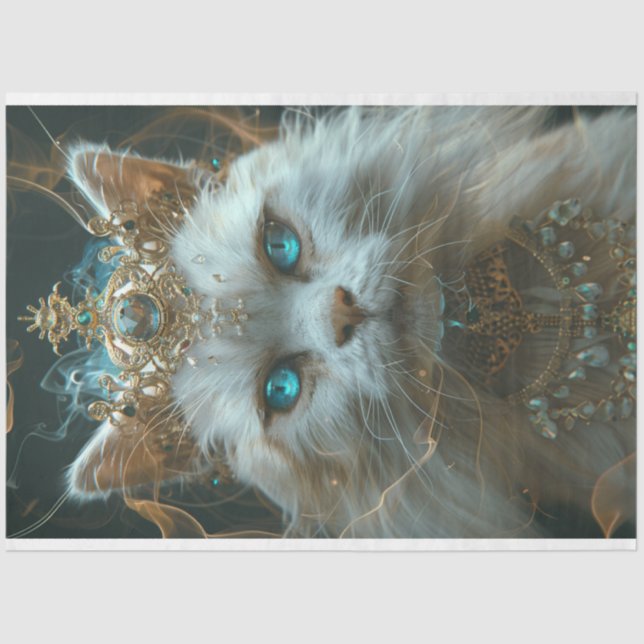 Mystic White Cat Wearing Crown Decoupage  Tissue Paper (Front)