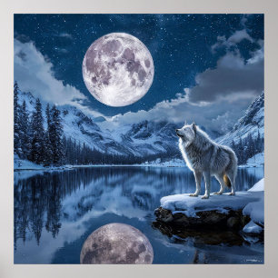 🌕 Mystic Wolf Howling Moon Night Sky Forest Art Poster
