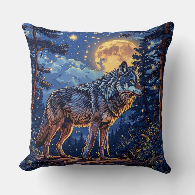 Mystic Wolf Under Moon 🌕🐺 Enchanted Forest Night Throw Pillow (Front)