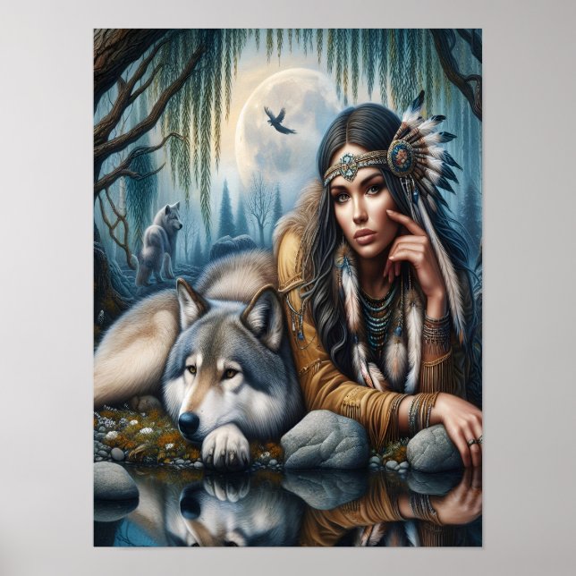 Mystical A Native American Woman With Wolves 12x16 Poster (Front)