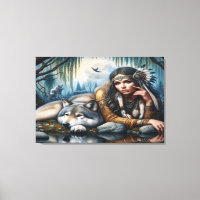 Mystical A Native American Woman With Wolves 36x24