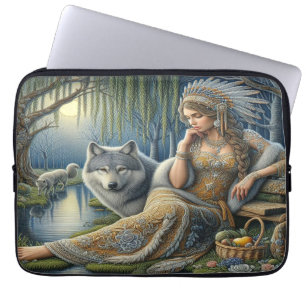 Mystical A Native American Woman With Wolves  Laptop Sleeve
