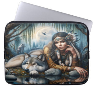 Mystical A Native American Woman With Wolves Laptop Sleeve