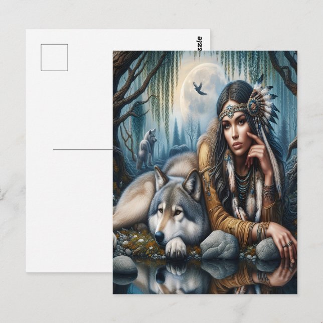 Mystical A Native American Woman With Wolves  Postcard (Front/Back)