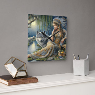 Mystical A Native American Woman With Wolves  Square Wall Clock