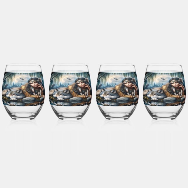 Mystical A Native American Woman With Wolves  Stemless Wine Glass (Front)