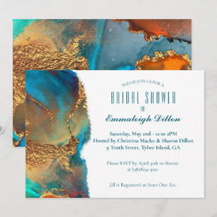 Mystical Abstract Teal Coral Gold Bridal Shower Invitation