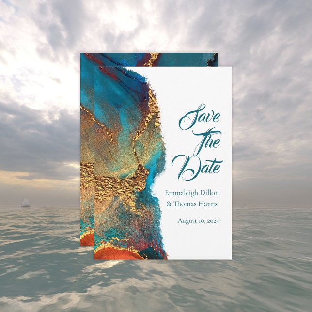 Mystical Abstract Teal Coral Gold Save The Date (Creator Uploaded)