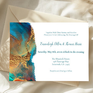 Mystical Abstract Teal Coral Gold Wedding Invitation
